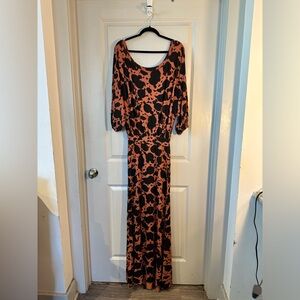 Rachel Polly Brown & Black Printed Draped Jersey Soft Stretchy Maxi Dress, Small